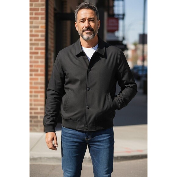 Brooks Brothers Mens Wool Bomber Jacket Size Large Navy Blue Zip and Buttons - Picture 1 of 8